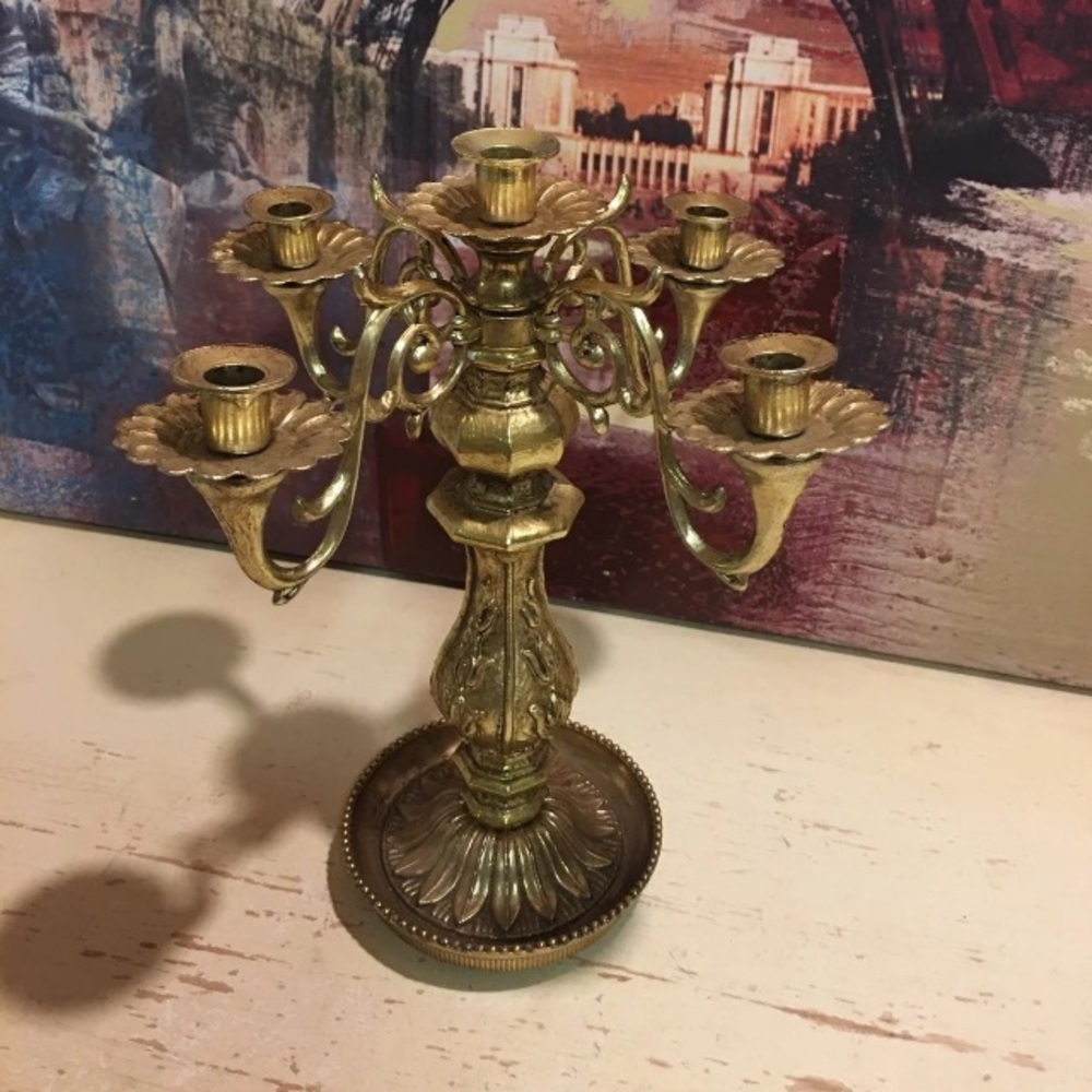 Vintage Gold Tone Five-Arm Candelabra Centerpiece